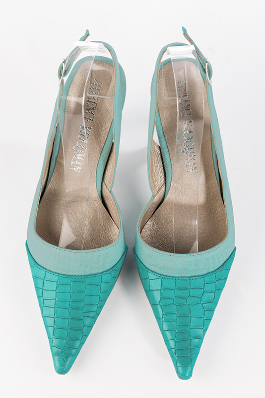 Aquamarine blue women's slingback shoes. Pointed toe. High spool heels. Top view - Florence KOOIJMAN